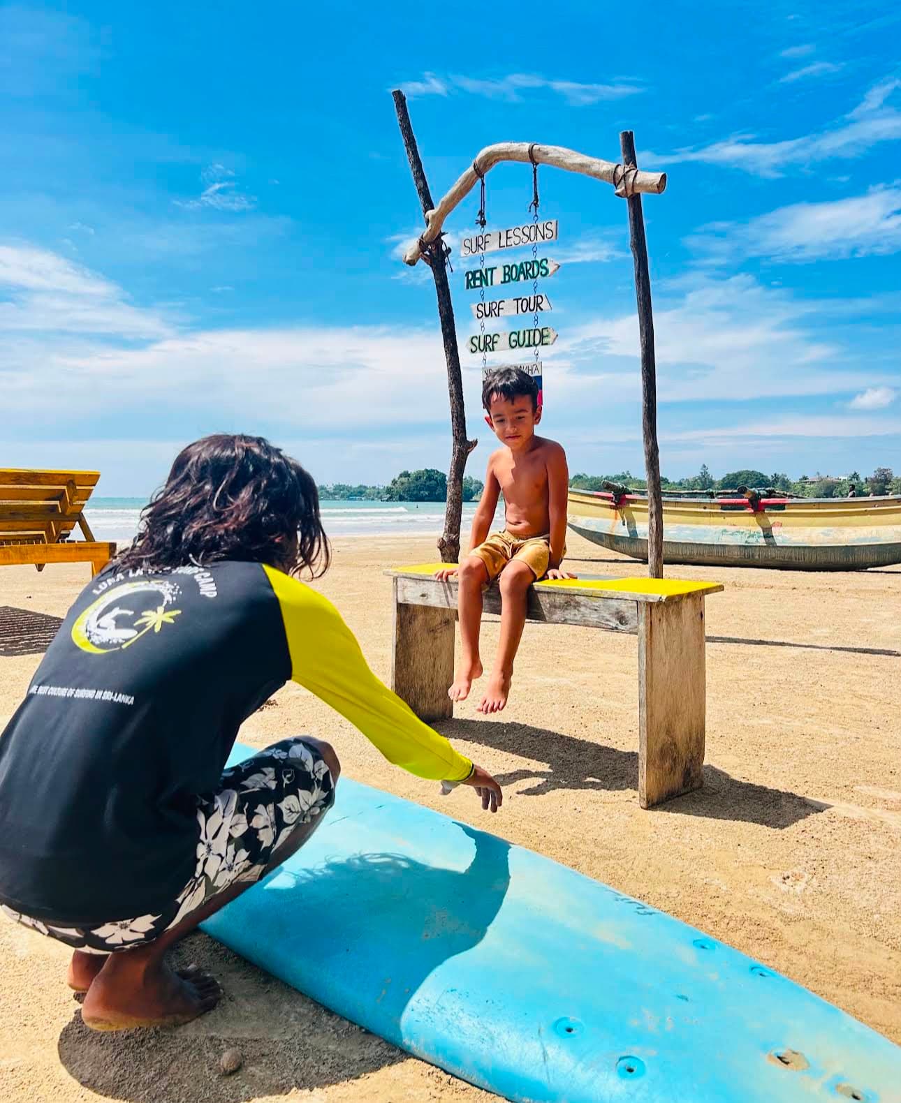 Surf coaching setup on the beach at Luna Lanka